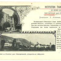 Prospekt der „Institution évangelique pour jeunes gens“, unter der Leitung von Pfarrer Chopard in Neuveville (Nachlass Otto Roos, Depositum Riehen Gemeindearchiv)