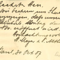 Handschriftliche Einladung zum Malunterricht: „Geehrter Herr, Wir beehren uns, Ihnen anzuzeigen, dass unsere Malschule Montag den 4. Nov. eröffnet wird. Hochachtungsvoll H. Meyer & H. Altherr, Basel, 30. Oct. 07“ (Nachlass Otto Roos, Depositum Riehen Gemeindearchiv)