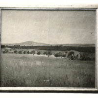 Otto Roos, Zugerlandschaft, 1918, Öl auf Sackleinwand (mit Naht in der Mitte). Aktueller Standort unbekannt. Foto: Album Roos (Nachlass Otto Roos, Depositum Riehen Gemeindearchiv).